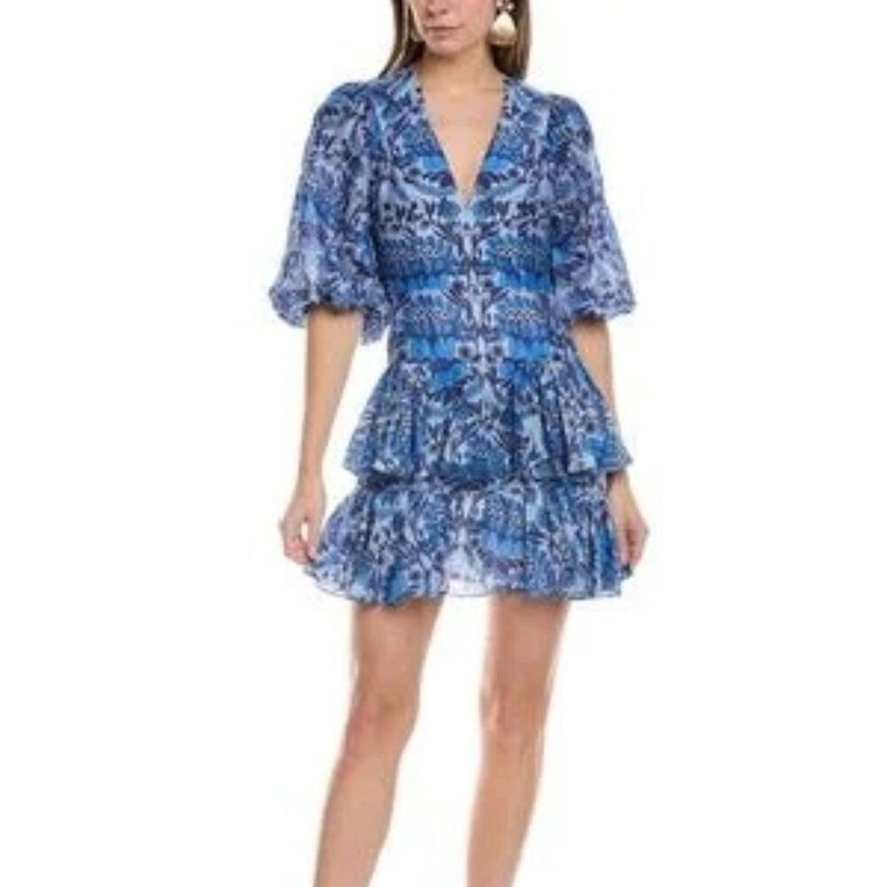 SANDRO ! Tiered printed linen-blend gauze mini dress(EU/34, US/2)